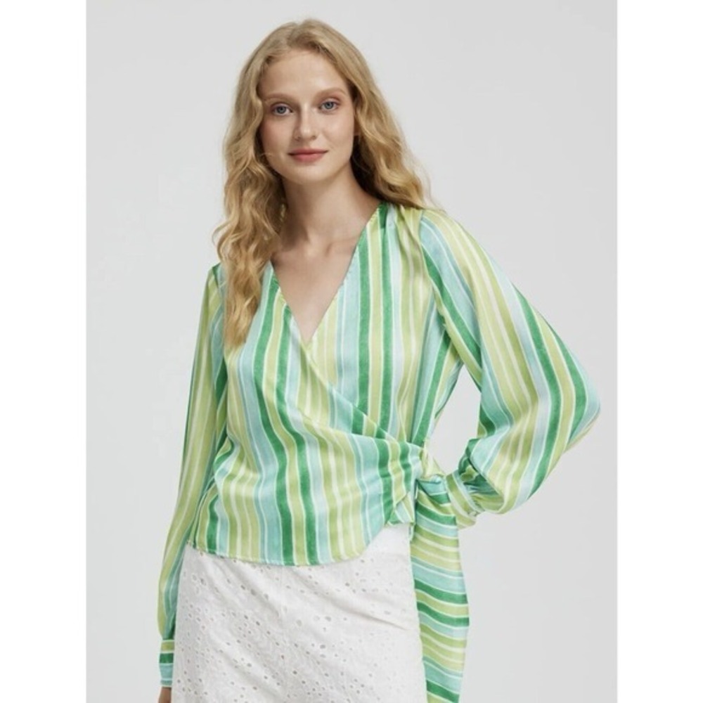 ZARA Green Striped V Neck Blouse Top Balloon Long Sleeve‎ Shirt Size S NWT